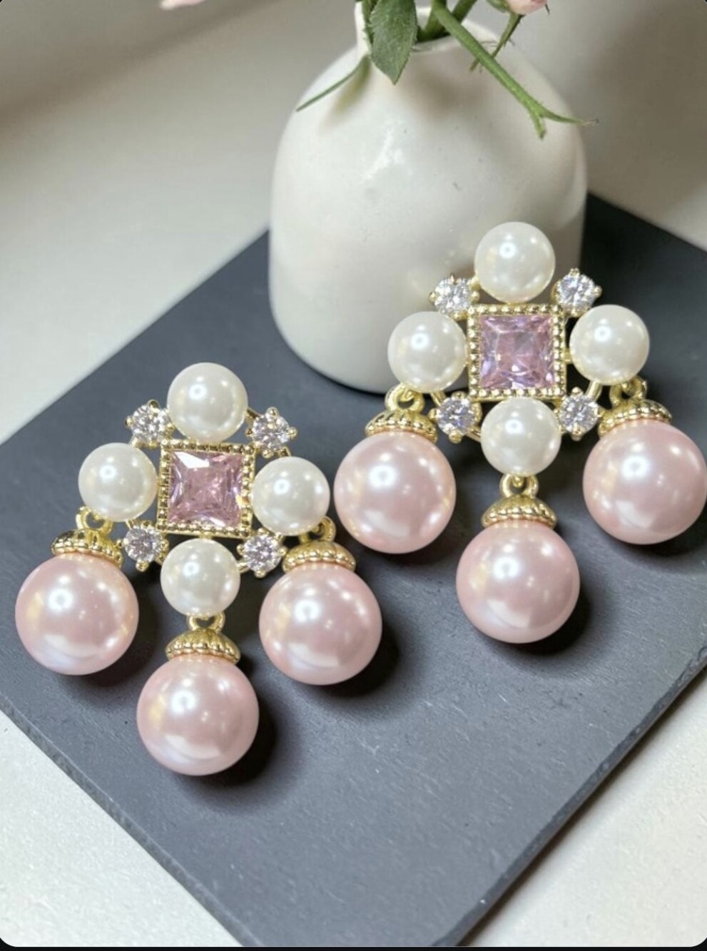 Romantic 18k Gold Plated Pink Pearl & Crystal Dangle Earrings